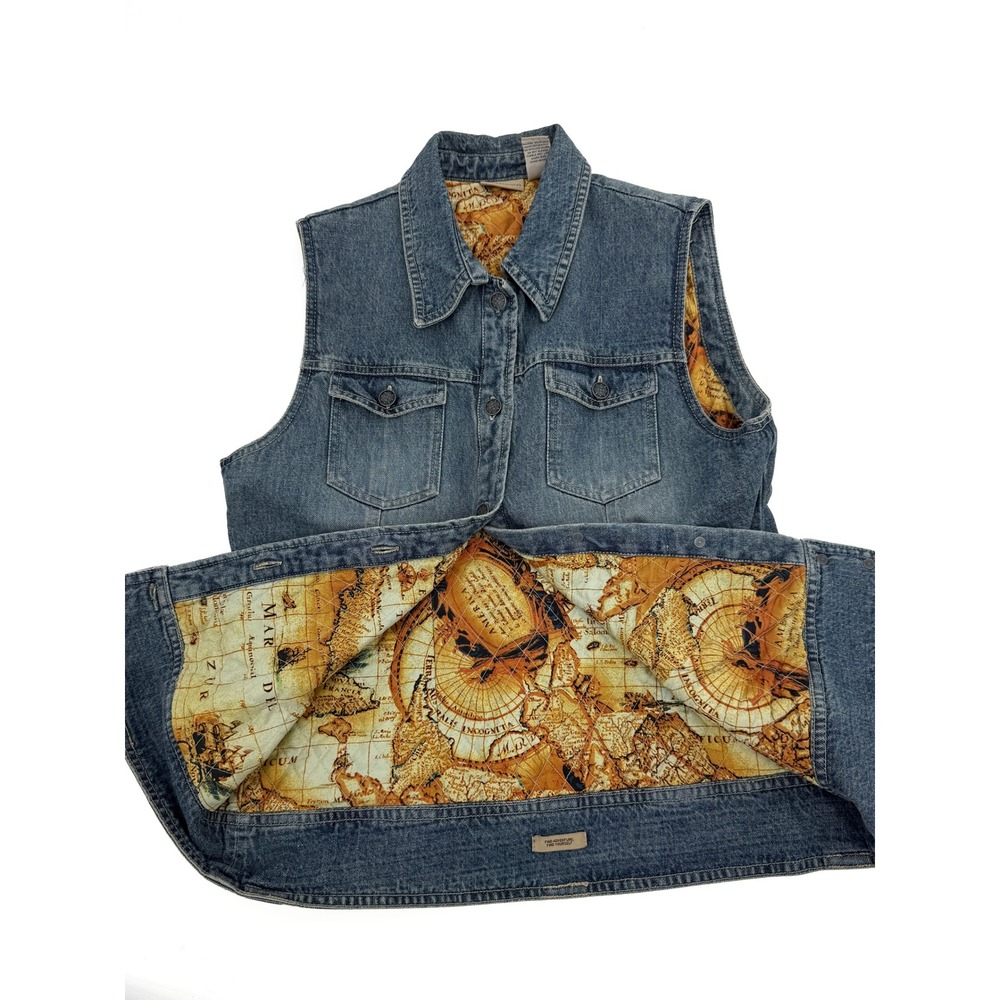 RuffHewn Denim Vest Men S Blue Map Print Quilted Lining Button Front Workwear
